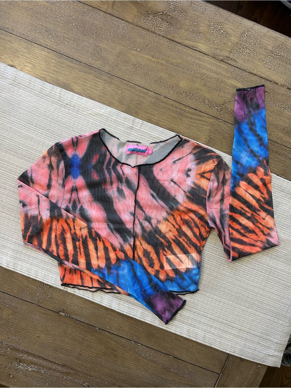 Edikted Mesh Tie-Dye Long Sleeve Crop Top – Sheer Y2K Grunge Multicolor Small